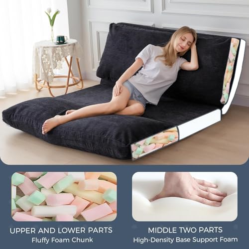 Image of MAXYOYO Folding Sofa Bed, Extra Thick and Long Floor Sofa Convertible Chair with Washable Cover, Floor Couch Lounge Bean Bag Bed for Living Room, Black, 30 inchx91 inch