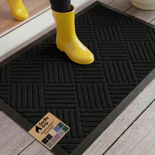 GORILLA GRIP 100% Waterproof All-Season WeatherMAX Doormat US Designed Natural Rubber, Stain and Fade Resistant, Low Profile Indoor Outdoor Door Mats, Easy Clean Patio Mat, 23x35, Black Diamond