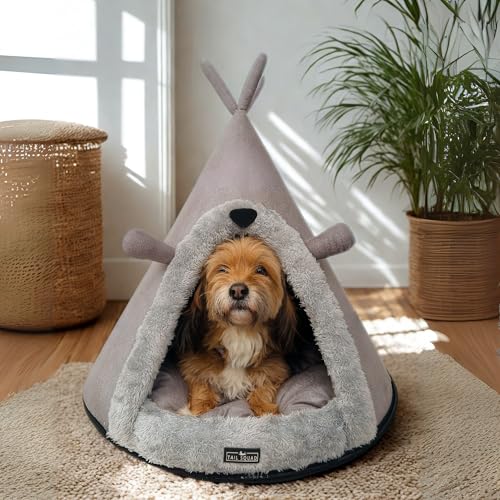 Tail Squad Washable Cozy Dog and Cat Cave Bed | Pyramid Pet Hut with Removable Cushion for Small Dogs, Puppies, Cats & Kittens | Soft Indoor Comfortable Dog House for Rest & Sleep |(Grey, Medium)