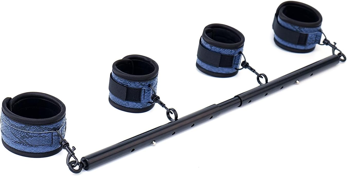 Heavy Duty Stainless Steel Expandable Black Spreader Bar with 4pcs PU Blue Serpentine Adjustable Straps, Sports Aid Training Fitness Gear Pilates Aid Kit,Home Indoor Sports Yoga Set