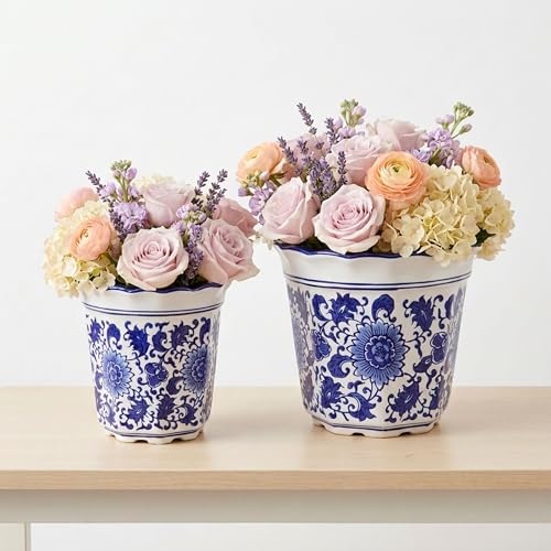 Decorative Flower Pots for Home Decor – Elegant Plant Pots and Pots for Plants, Planters for Outdoor Plants or Indoor Plants, Ceramic Design for Plant Stand Indoor, Set of 2 – 8", Blue/White by NESS AND JORD - Used condition - US$27.36