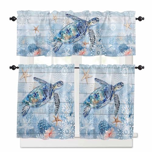 Coastal Turtle Kitchen Curtains 24 Inch Length,3 Piece Rod Pocket Small Half Tiers and Valance Set,Blue Nautical Starfish Coral Jellyfish Small Large Window Treatment Decor for Bedroom/Bathroom Sink