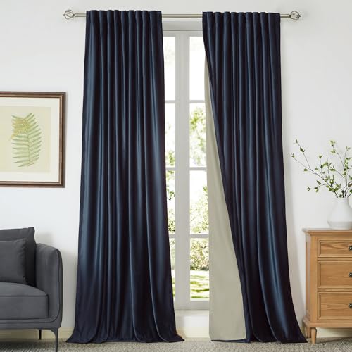 Image of 100% Blackout Navy Blue Velvet Curtains 102 inch Long for Living Room,2 Panel Back Tab Deep Blue Thermal Insulated Room Darkening Curtain with Liner Noice Reducing Soundproof Window Drapes for Bedroom
