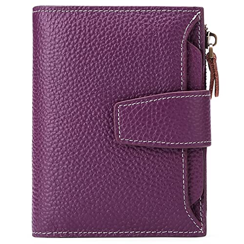 GOIACII Carteira feminina pequena, de couro legítimo, bloqueio de RFID, dobrável, bolso com zíper, porta-cartões com janela para identidade, A06 Lichee Roxo, small, Minimalista