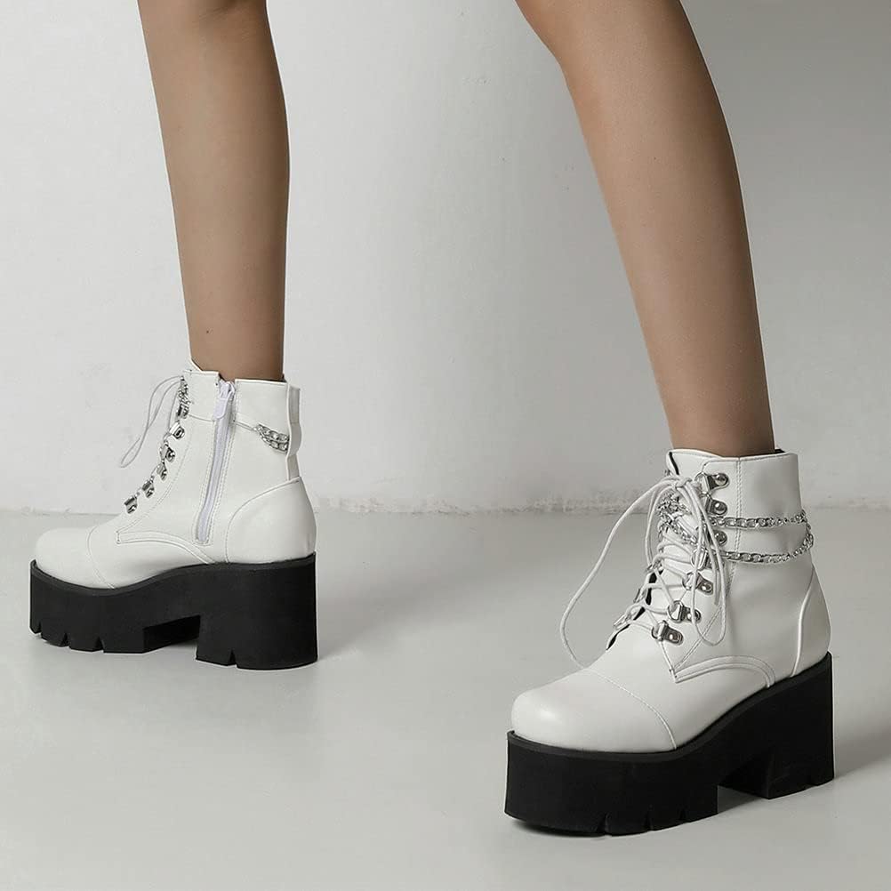 LUXMAX Women Buckle Goth Chunky Platform Ankle Boots Lace Up High Heel Motorcycle Boots with Chain - Image 7