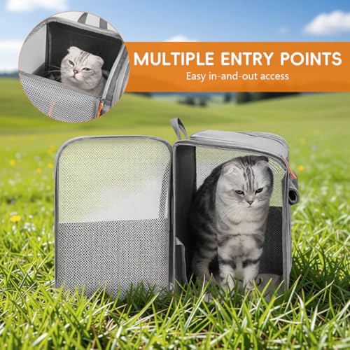 Image of Qpets Cat Cage, Pet Backpack Carrier for Cats & Small Dogs, Oxford Cloth Breathable Mesh Travel Bag with Anti-Anxiety Front Cover Panel Design, Puppy & Kitten Outdoor Hiking Carrier, 42x33x28cm