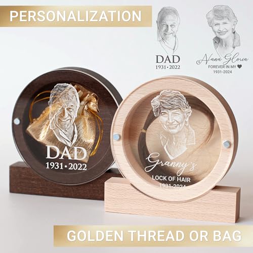 Image of Personalized Keepsake for Bereavement Gift, Lock of Hair Memorial, Sympathy Gift for Loss of Mother, Grandmother, Dad, Daughter, Son, Mom, Clear Lid (Light Wood with Portrait Round)