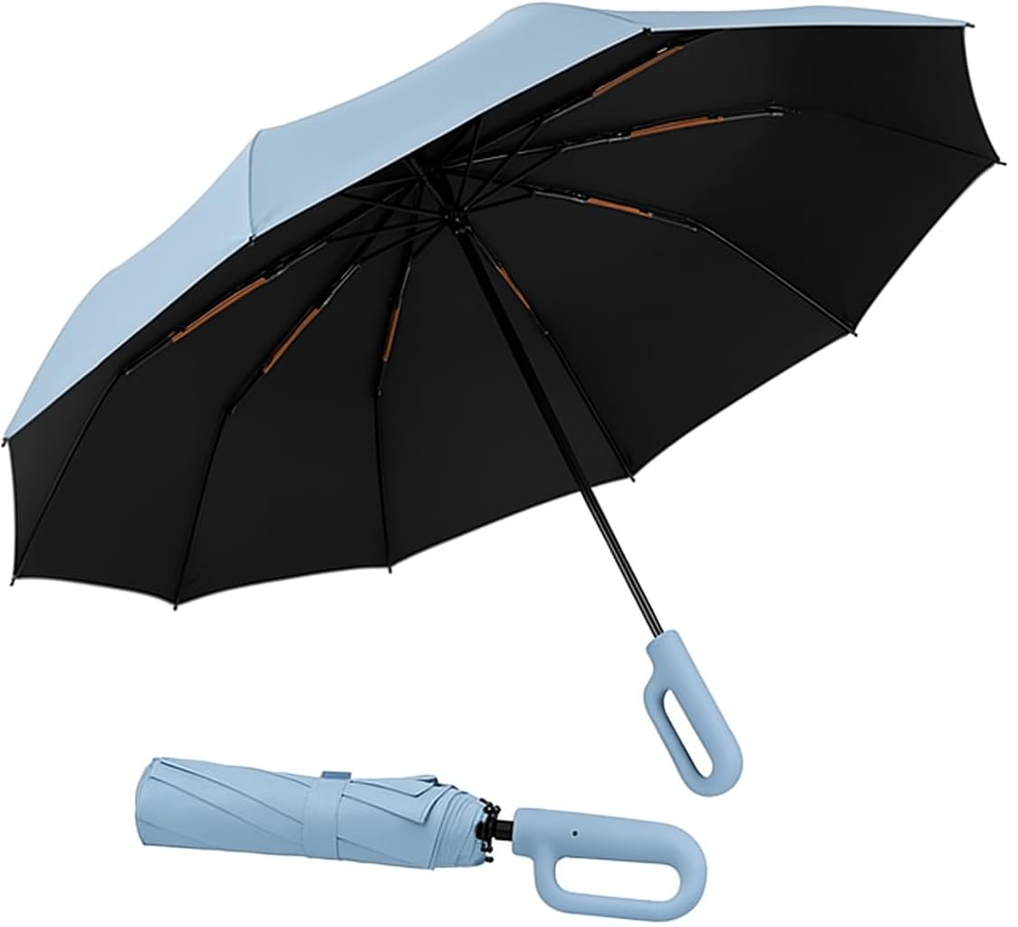 3-Fold Compact Travel Golf Umbrella with Carabiner Handle | Auto Open-Close 10 Dual Rib Windproof Design | UV Protection Portable Umbrella for Rain/Sun for Car, Travel, Outdoor