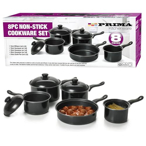 8pc Non Stick Cookware Set - Milkpan Saucepan Kitchen Cook Pan Black Lids | 8 Piece | Carbon Steel | Durable & Efficent | Suitable for Gas Electric & Solid Hot Plates | Prima