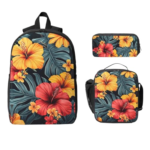 Tropical Floral Backpacks 3 Pcs Fashion Casual Backpack with Fun Graphic Cartoon Print for Travel Work