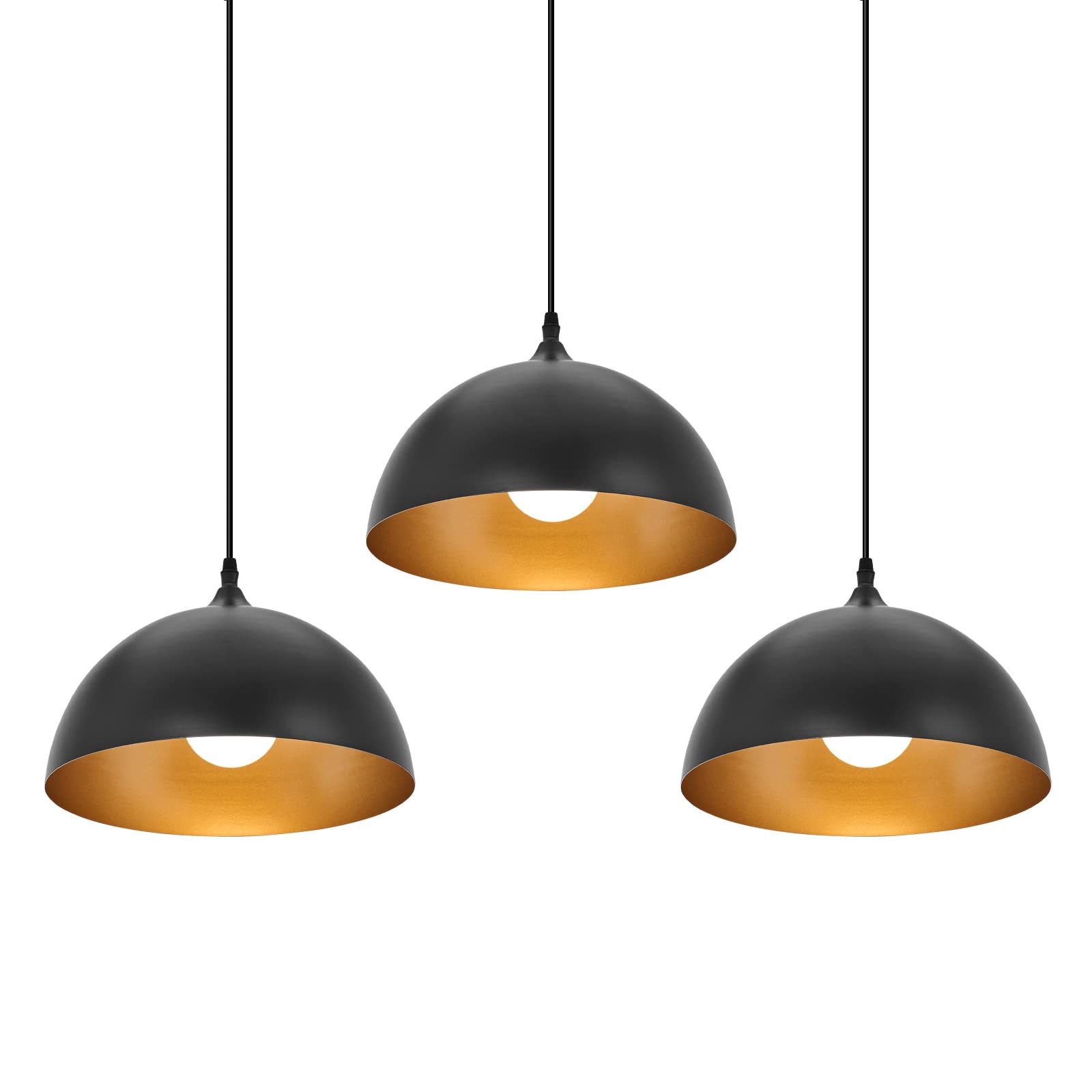 PINDODO Farmhouse Pendant Lighting for Kitchen Island,Black and Gold Dome Pendant Light Fixtures, Industrial Hanging Ceiling Light for Bar Barn Dining Room Foyer,3 Pack