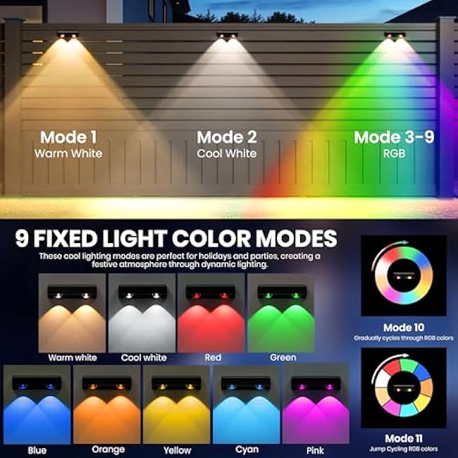 Solar Fence Lights Solar Wall Lights Deck Lights 9 Fixed Colors Color Changing Modern 6 Pack