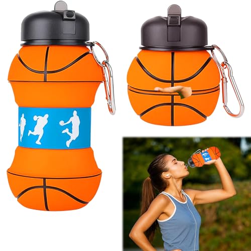 Ebksqs Botella de Agua Plegable de Baloncesto - Botella de Silicona sin BPA, 550ml, Ideal para Deporte y Viaje, Diseño Compacto y Reutilizable (Naranja)
