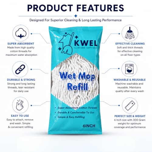 Image of KWEL Super Absorbent Cotton Wet Mop Refill 6 Inch (2500 GM) Pack of 2 | Heavy Duty Floor Cleaning Mop Refill for Home, Office, Kitchen & Tiles