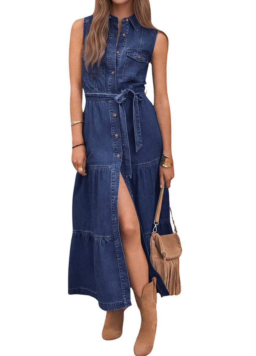 Women's Summer Button Down Denim Shirt Dress Business Casual Belted Sleeveless Midi Long Jean Dress