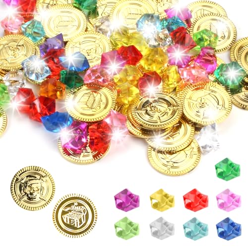 Tesoro Pirata Set 100 Piezas - 50 Monedas de Oro y 50 Gemas Acrílicas - Decoración Fiesta Pirata, Búsqueda del Tesoro, Juegos de Rol, Regalo para Niños +3 Años Para Decoración de Cumpleaños, Halloween