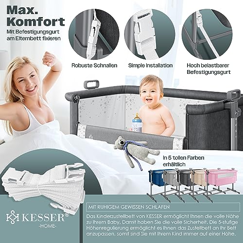 KESSER® Zustellbett Hubi 3in1 Baby Beistellbett Reisebett Babybett mit weich Matratze mit Rollen Kinderbett 5Fach Höhenverstellung Faltbare Seitenwand für Zuhause und Unterwegs + Spanngurt Dunkelgrau