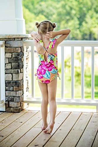 Girls Floral Pattern Beach Sport 1 Piece Adjustable Bathing Suit Modest Ruffle Swimwear 5Y-15Y Swimsuit(FBA)2