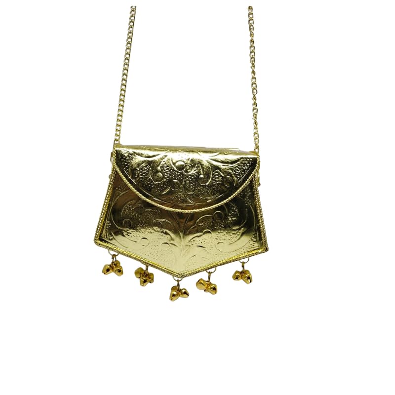 Women Gold Metal Crossbody Bag | Woven Texture Sling Purse with Chain Strap & Bell Charms-image-14