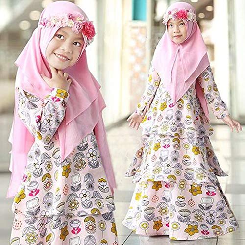 Kids Girls Floral Ramadan Muslim Abaya Dubai 𝐑obe Long Sleeve Traditional Clothing Hijab Set Toddler Maxi Dress2