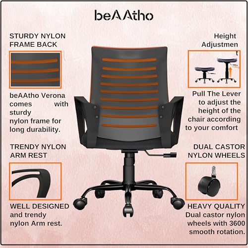 Image of beAAtho Verona Mesh Mid-Back Ergonomic Desk Office Chair with Tilting Mechanism, Comfortable Seat, and Revolving Heavy Duty Metal Base | Ideal for Work from Home & Study (Orange)