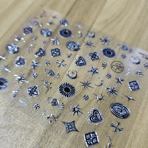 Image of Silver Nail Stickers Star Moon Nail Art Decals with Metal Design Figure Nail Art Stickers 5D Embossed Self Adhesive Nails Charms for Women Girls Kid Manicure DIY Supply Decoration