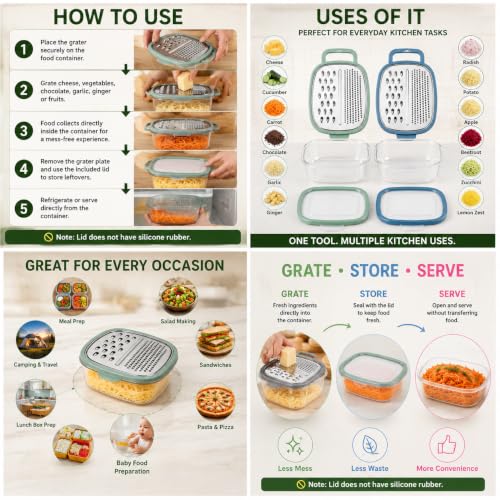 Image of 2-in-1 Cheese Grater with Storage Container Pack of 2 | Stainless Steel Manual Vegetable Grater with Lid | Food Container for Cheese, Carrot, Cucumber, Potato, Garlic & Ginger
