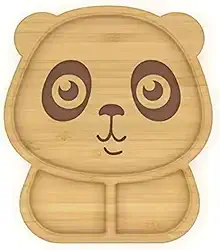 Prato em Bambu De Urso com Divisórias e Ventosa Azul Para Introdução Alimentar Do Seu Bebê.