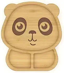 Prato em Bambu De Urso com Divisórias e Ventosa Azul Para Introdução Alimentar Do Seu Bebê.