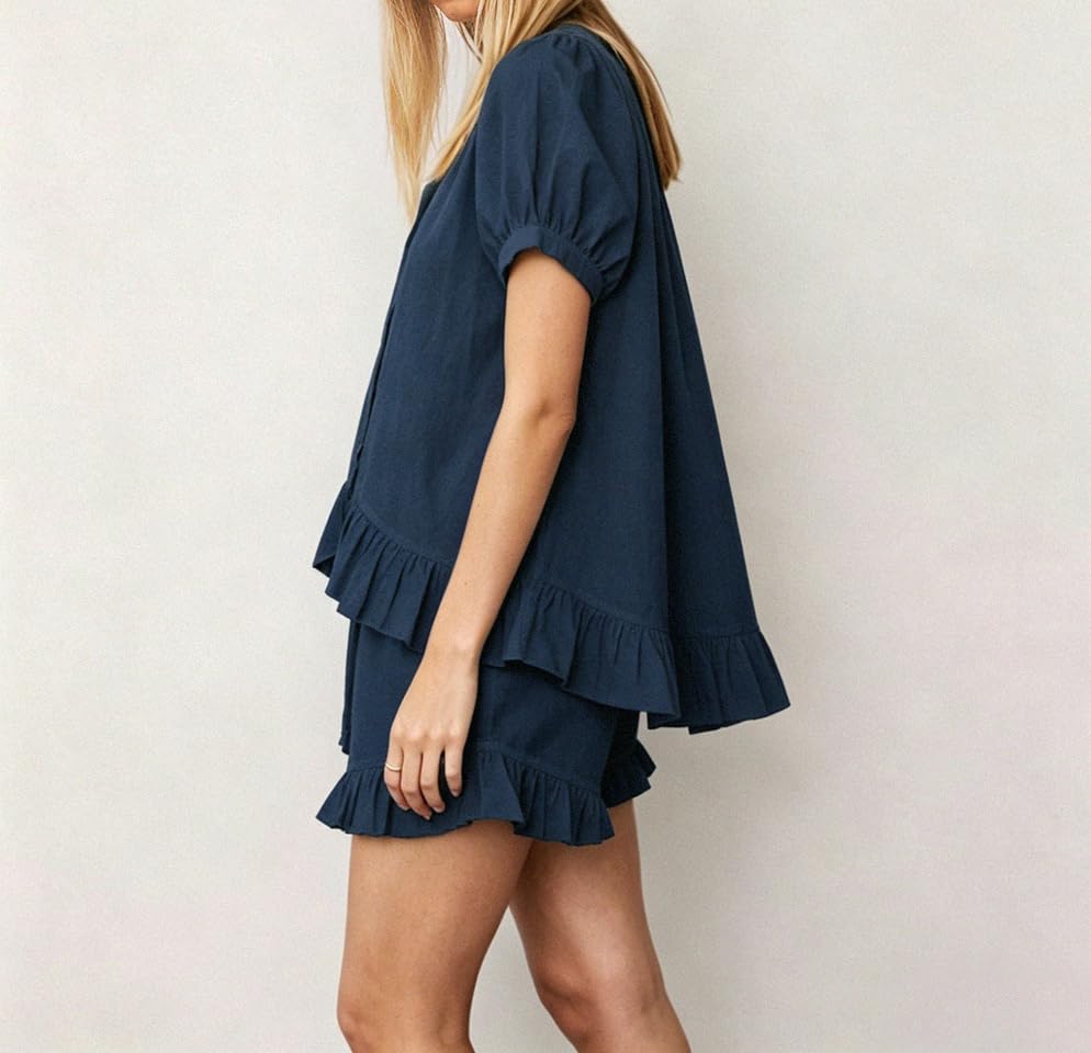 Image of Womens Ruffle Pajama Set Short Sleeve Button Down Top and Shorts | Cotton Ruffle Pajamas Set, Ruffle Shorts Set Women, 2 Piece Shorts Set for Women