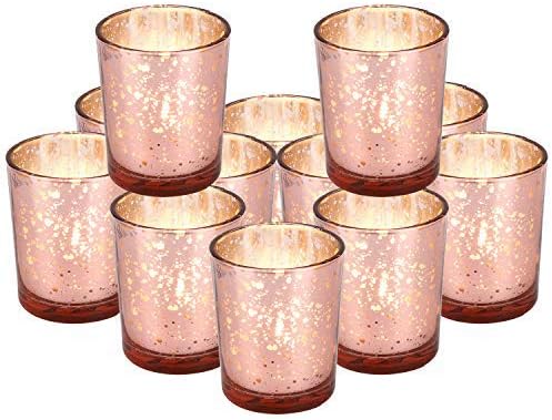 ERYTLLY Tealight Candles Holder, Warm Light Glow and Elegance Mercury Glass Votive Candle Holders Centerpieces for Tables, Weddings, Parties and Home Décor (Rose Gold 16 Packs)