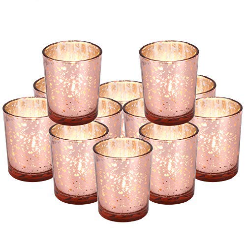 ERYTLLY Tealight Candles Holder, Warm Light Glow and Elegance Mercury Glass Votive Candle Holders Centerpieces for Tables, Weddings, Parties and Home Décor (Rose Gold 16 Packs)