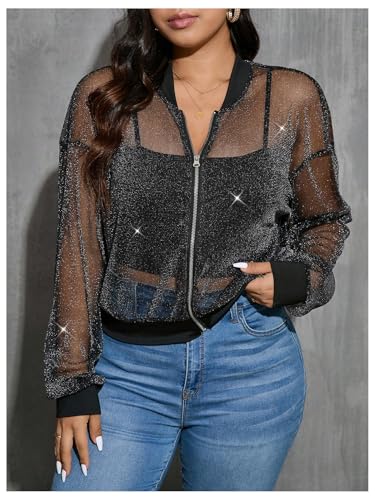 Floerns Women's Plus Size Glitter Long Sleeve Mesh Coats Zip Up Sheer Bomber Jackets3