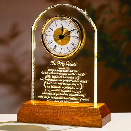 Image of Arikyrist Gifts for Uncle from Niece Nephew Glass Clock Birthday Gift with Wooden Light Base, Presents for Best Uncle Who Have Everything Fathers Day Christmas Keepsakes Table Decor