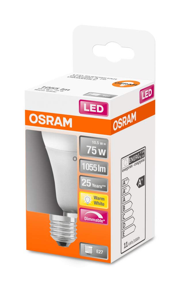 OSRAM Dimmbare LED Lampe mit E27 Sockel, Warmweiss (2700K), klassische Birnenform, 10.5W, Ersatz für 75W-Glühbirne, matt, LED SUPERSTAR CLASSIC A, 10er-Pack