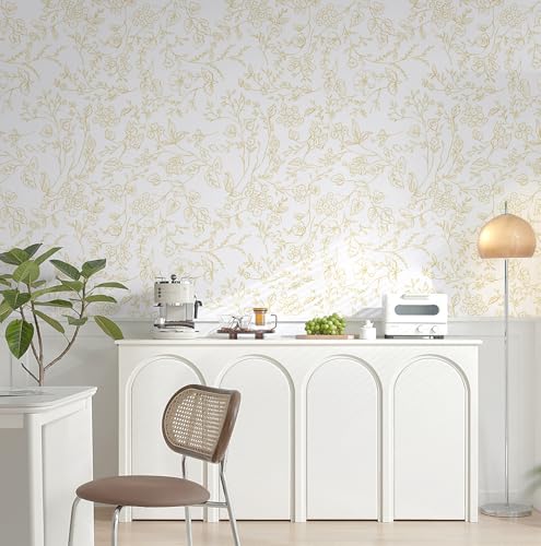 Timeet Selbstklebende Tapete Weiß und Gold Blumen Klebefolie Botanischer Möbelfolie Selbstklebend Textur Möbelaufkleber Wasserfest Vinyl… – Ansicht 2