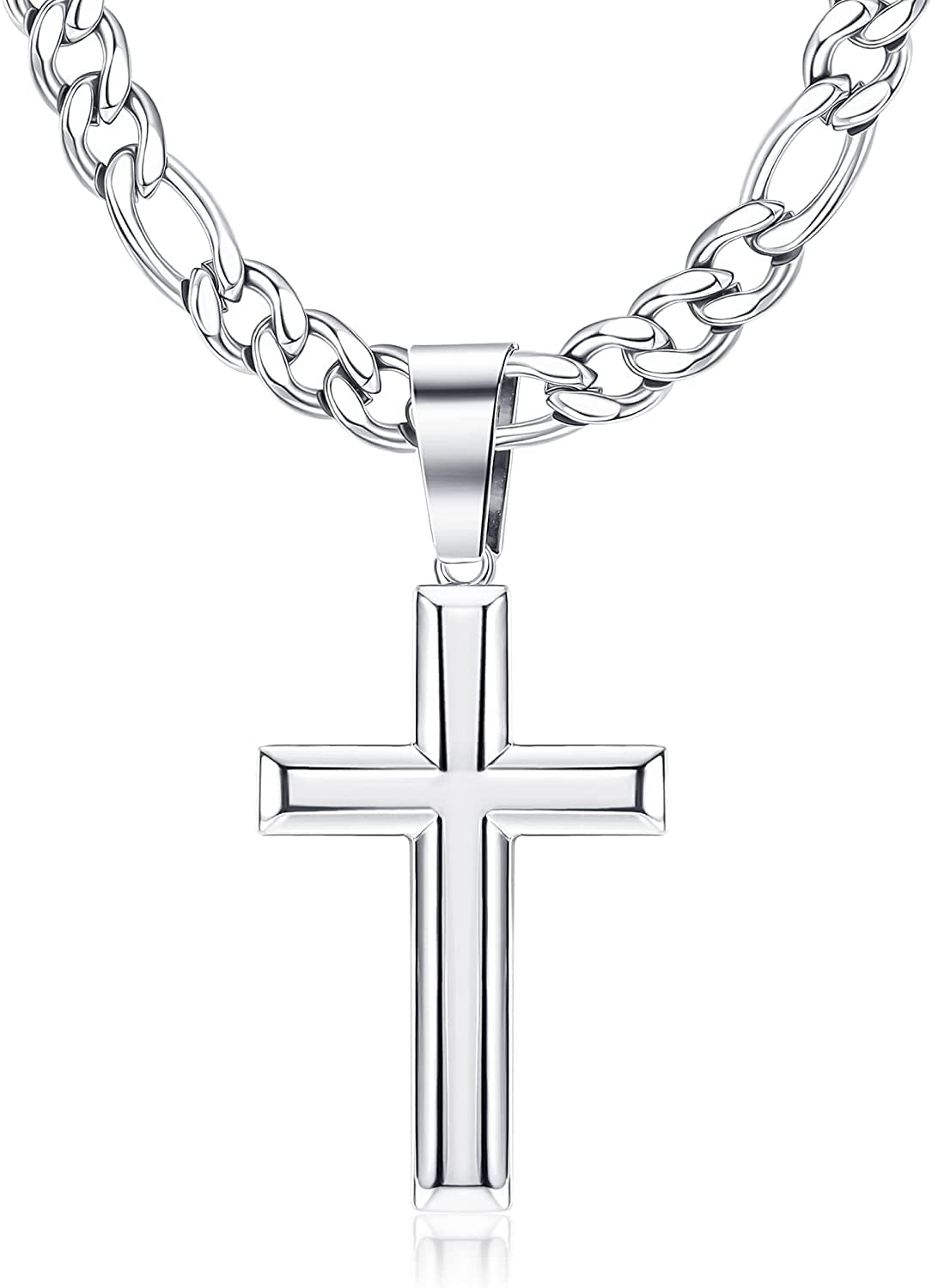 KRFYColgante de Cruz de Plata de Ley 925 con Collar de Cadena Figaro de Corte de Diamante de Acero Inoxidable Delicado Collar con Colgante Cruz de Biselado Altamente Pulido para Hombre y Mujer