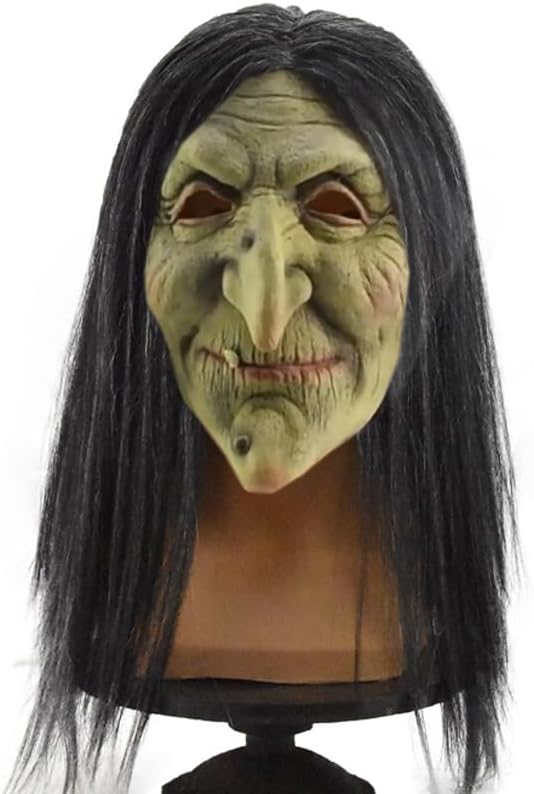 Utaomld Old Woman Witch Mask Halloween Latex Scary Masks Adult Horror Long Hair Witches Cosplay Costume Party Props