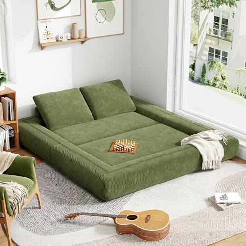 LIKIMIO Convertible Sleeper Sofa Bed Floor Sofa 3-in-1 No Assembly, Foldable Mattress with Corduroy Upholstery Green, Lounge Loveseat Couch for Living Room Studio Guest Room