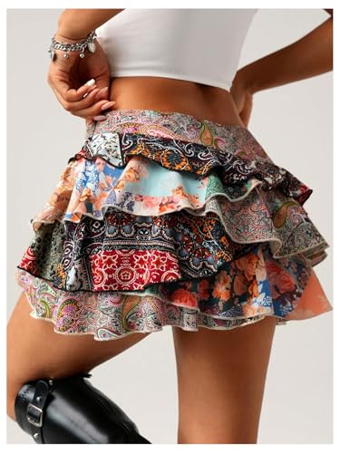 MakeMeChic Women's Paisley Print Tiered Layered Skirt Ruffle Hem Rodeo Mini Skirts3