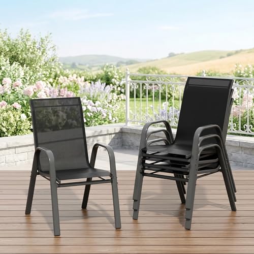 Litake Set 4 Sillas Apilables de Jardín Exterior, Sillas de Metal y Textileno con Respaldo Alto y Reposabrazos, Preensambladas, Estructura Anticorrosión, para Terraza Patio Balcón, Negro