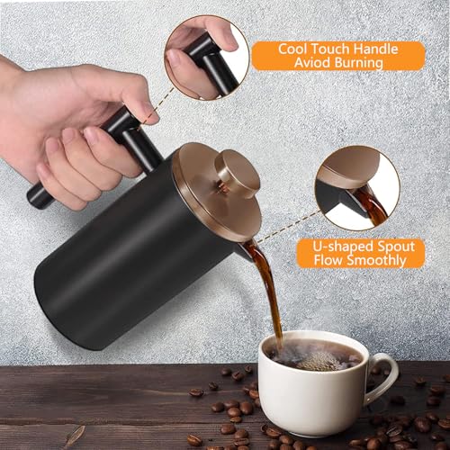 Image of Small French Press Coffee Maker 600ml, Black Double-Wall Insulated French Press Coffee Press Stainless Steel for travel camping, Included 2 Extra Fliters and 1 Coffee Spoon (2-4cup, 20 OZ)