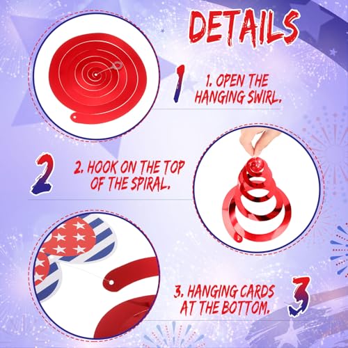 Image of Marspark 50 Pack Patriotic Foil Hanging Swirl 4th of July Office Decoration Red White and Blue Decor American Flag Star Ceiling Hanging Decor for 250th Aniversary Independence Day Home(Heart Style)