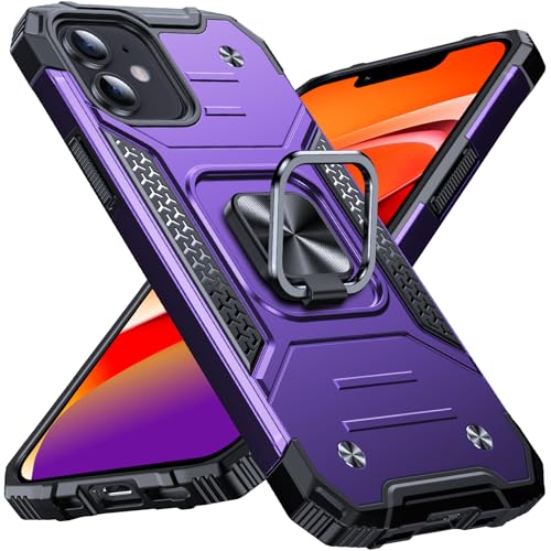 Image of Anqrp Heavy Duty Red Case for iPhone 12 /12 Pro Case with Enhanced Ring Holder Grip Stand, Military Grade Shockproof Rugged Drop Protective Silicone Hard Slim iPhone 12 Phone Case Cover,Purple