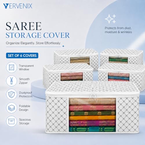 Image of VERVENIX Saree Cover Pack of 12, White Triangle Pattern Clothes Storage Bags with Zipper & Clear Window, Dustproof Wardrobe Organizer for Suits, Sarees, Dresses & Shirts