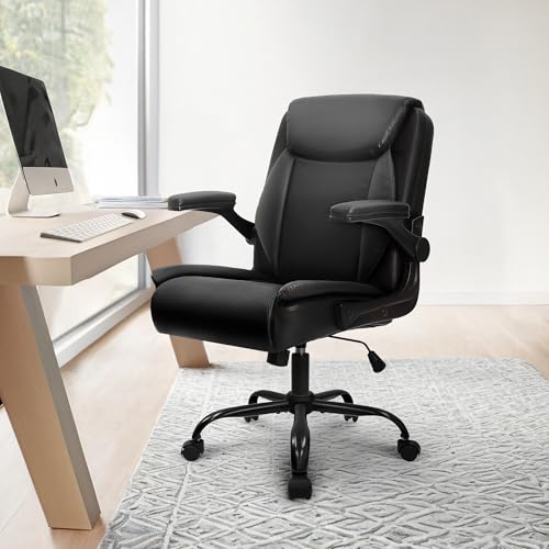 NEO CHAIR Office Desk Computer Chair Ergonomic Executive Mid-Back Leather Gaming Chair with Adjustable Flip-Up Armrests Wheels Swivel for Home Study Task (Jet Black) - Image 3