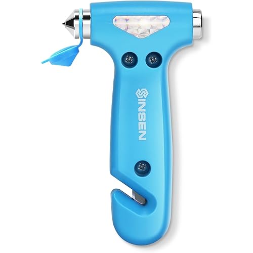 SINSEN Car Safety Hammer, Automotive Window Breaker and Seatbelt Cutter for Women, Roadside Emergency Kit, 3 in 1 Escape Tools, Road Trip Essential and Must Haves (1, Blue)
