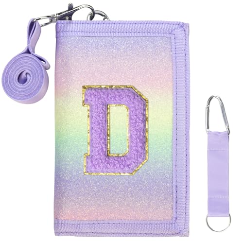 SiorVeol Carteira infantil para meninas com três dobras iniciais com glitter e compartimentos para cartão, incluindo cordão de pescoço e alça para pendurar, azul, roxo, D, azul roxo, D, Azul e roxo, D