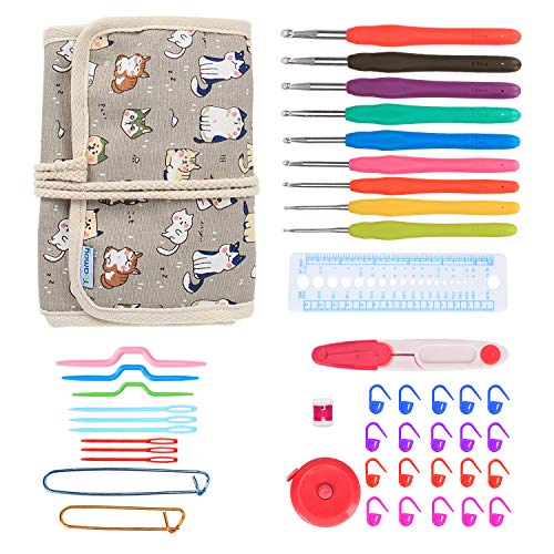 Teamoy Crochet Hooks Gift Set, organizador de envoltura de lona con agujas de ganchillo de agarre suave y accesorios de punto, Cartoon Cats