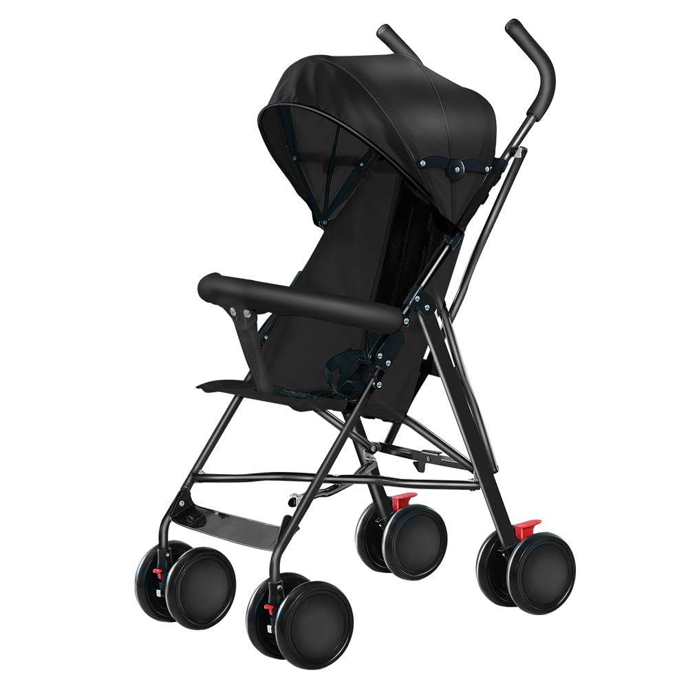 Cochecito de caña compacta Ingenious,Cochecito de caña de bebé de 0 a 4 años, cochecito compacto y ligero viaje, cochecito de 4 ruedas, capota en tres partes, con mosquitera- negro